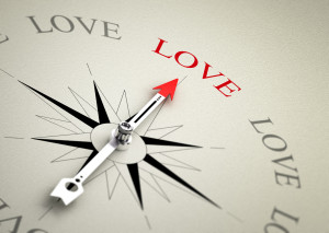 Compass with arrow pointing to the word love. 3D render image suitable for love coaching or couselling concept 3D render with depth of field effect